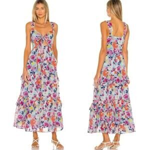 NEW BANJANAN Serafina Maxi Floral Ruffle Dress in Fiesta Sky Blue SMALL